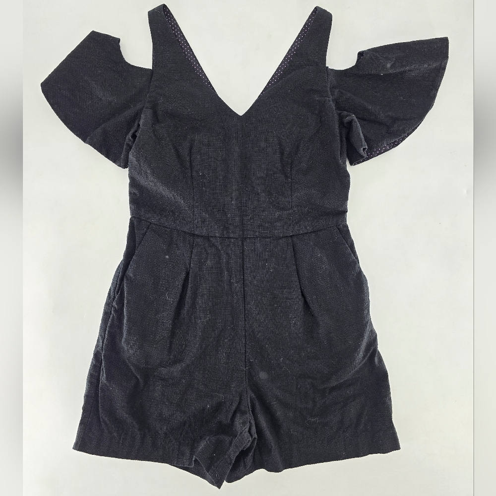 Elevenses Cotton Black and Purple‎ Polka Dot Romper Sz:0  Ruffles strap top